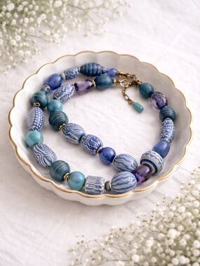 Blue Boho Statement Necklace Chunky Beaded Artisan Style